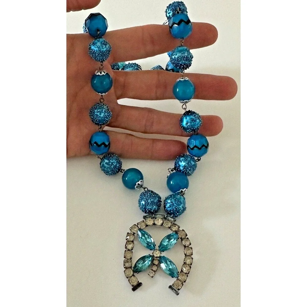 VTG Sugar Caged Beaded‎ Necklace Aqua Blue Horseshoe Pendant Crystals Hong Kong